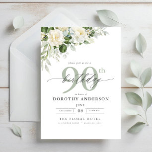 Invitation Elégant gris vert floral 90e anniversaire