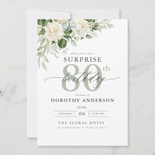 Invitation Elégant gris vert Floral Surprise Anniversaire (Devant)