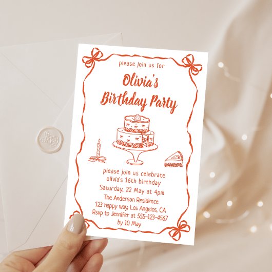 Invitation Elegant Hand-Drawn Cake & Ribbon Birthday Party