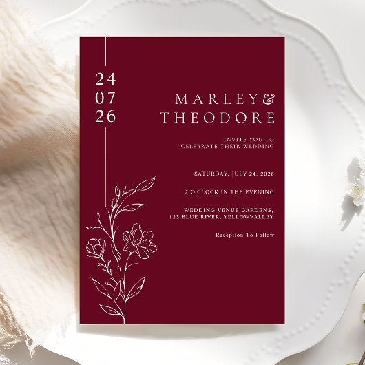 Invitation Elegant Hand Drawn Floral Burgundy Wedding