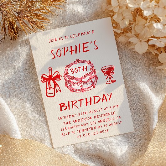 Invitation Elegant Hand Drawn Red Cake 30th Birthday