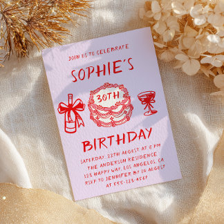 Invitation Elegant Hand Drawn Red Cake 30th Birthday
