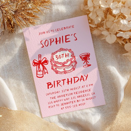 Invitation Elegant Hand Drawn Red Cake 30th Birthday