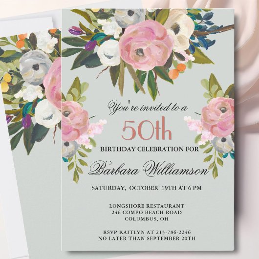 Invitation Elegant Handpainted Floral 50th Birthday Party 