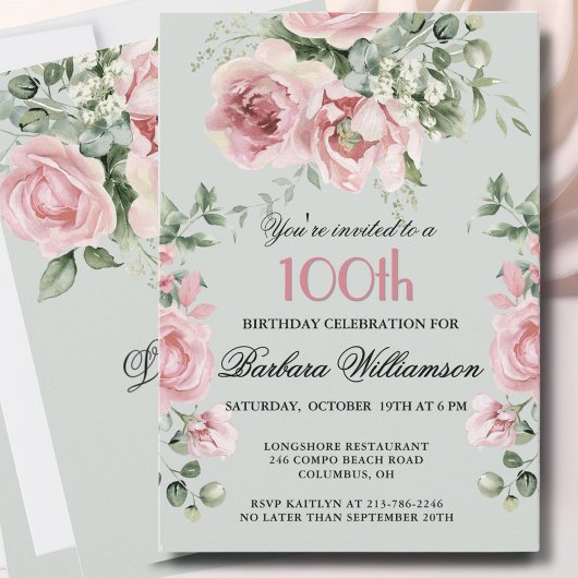 Invitation Elegant Handpainted Roses 100th Birthday Party 