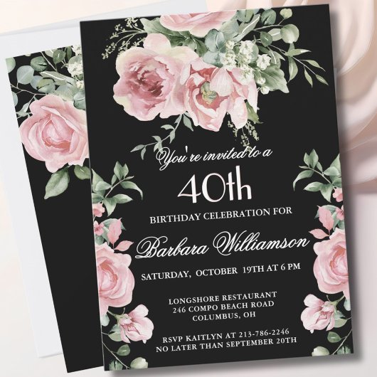 Invitation Elegant Handpainted Roses 40th Birthday Party