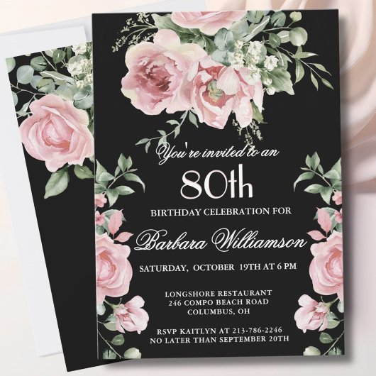 Invitation Elegant Handpainted Roses 80th Birthday Party