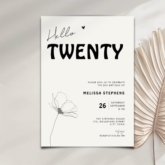 Invitation Elegant Hello Twenty Bold Typography 20th Birthday