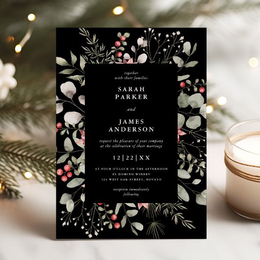Invitation Elégant hiver Aquarelle Verdure Mariage noir