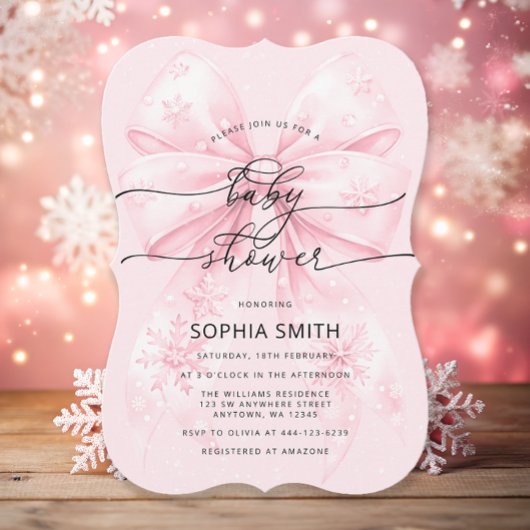Invitation Élégant hiver Blush Bow Rose Bow Girl Baby shower