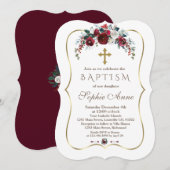 Invitation Élégant Hiver Bourgogne Floral Pine Or Baptême (Devant / Derrière)