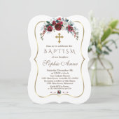 Invitation Élégant Hiver Bourgogne Floral Pine Or Baptême (Debout devant)