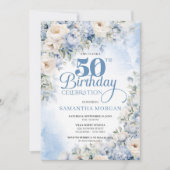 Invitation Elégant Hiver Dusty Bleu et Fleurs d'ivoire (Devant)