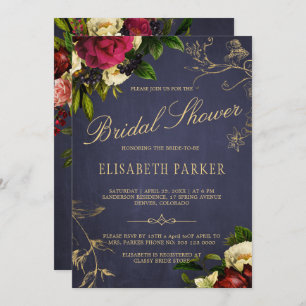 Invitation Elégant hiver fleuri marine bordeaux nuptiale douc