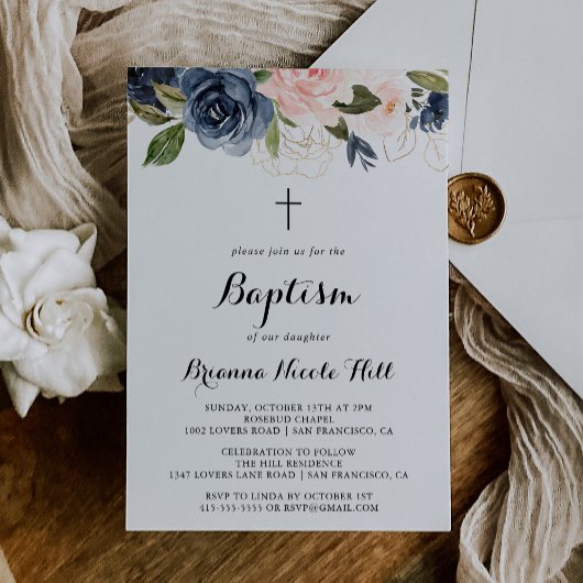Invitation Élégant hiver Floral Cross Baptism