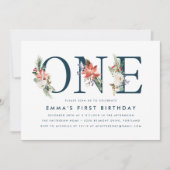Invitation Elégant hiver Floral Navy 1er fête d'anniversaire (Devant)