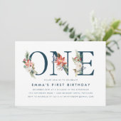 Invitation Elégant hiver Floral Navy 1er fête d'anniversaire (Debout devant)