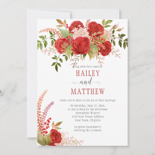 Invitation Elégant hiver Roses rouges et Mariage verdoyant | (Devant)