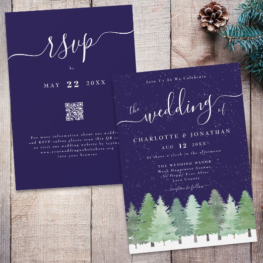 Invitation Elégant Hiver Woodland Marine Bleu Mariage Qr Code