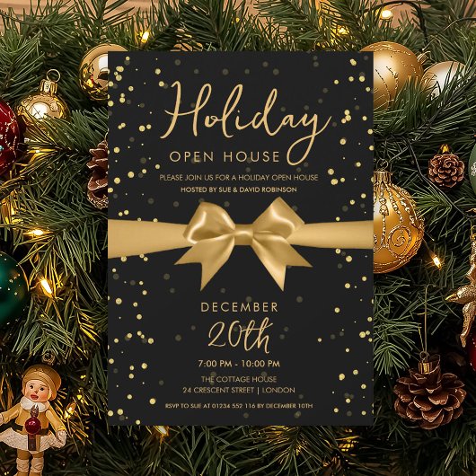 Invitation Elegant Holiday Open House Gold Bow Black