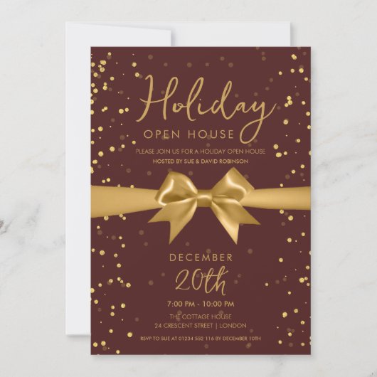 Invitation Elegant Holiday Open House Gold Bow Burgundy (Devant)