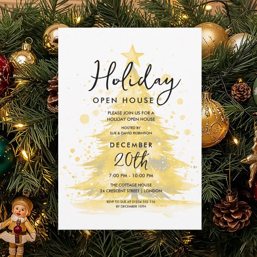 Invitation Elegant Holiday Open House Gold Hand Painted Tree