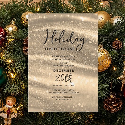 Invitation Elegant Holiday Open House Gold Sparkle Glam