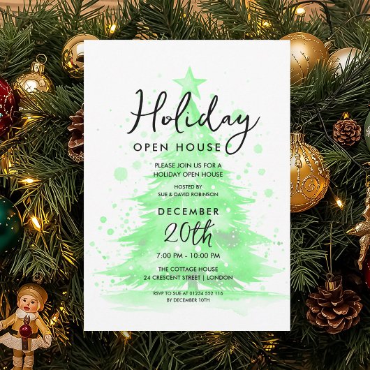Invitation Elegant Holiday Open House Green Hand Painted Tree