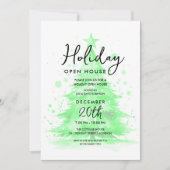 Invitation Elegant Holiday Open House Green Hand Painted Tree (Devant)