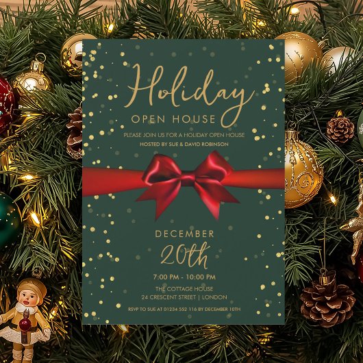 Invitation Elegant Holiday Open House Red Bow Green