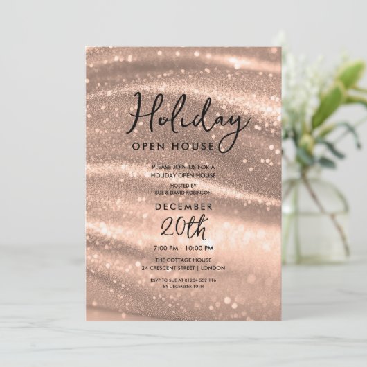 Invitation Elegant Holiday Open House Rose Gold Sparkle Glam (Debout devant)