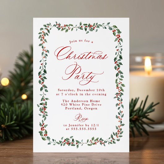 Invitation Elegant Holly Berries and Greenery Christmas Party