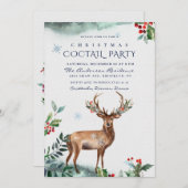 Invitation Elegant Holly Berry Deer Christmas COCTAIL PARTY (Devant / Derrière)