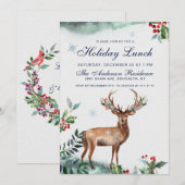 Invitation Élégant Holly Berry Deer Noël Déjeuner de Noël (Devant / Derrière)