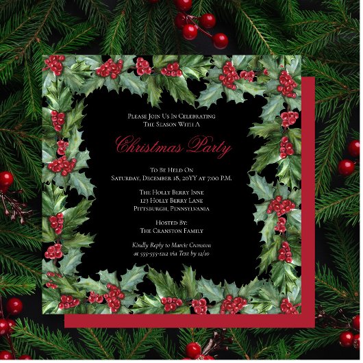 Invitation Elegant Holly et Berries Frame Christmas