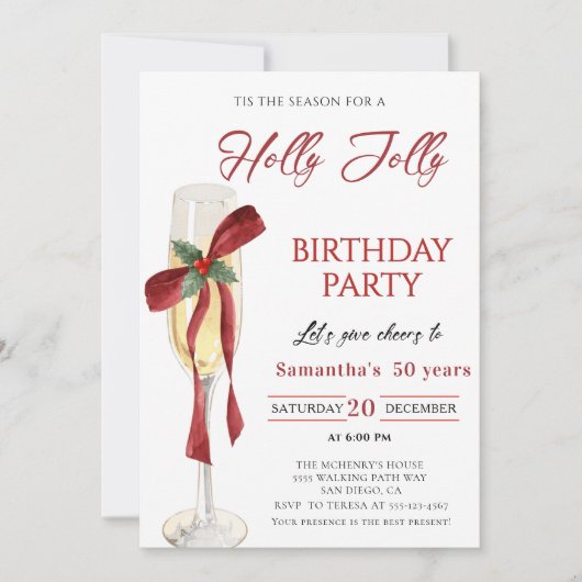 Invitation Elegant Holly Jolly christmas birthday Party (Devant)