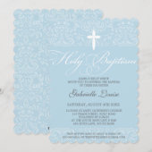 Invitation ÉLÉGANT HOLY BAPTISM élégant damask script bleu (Devant / Derrière)