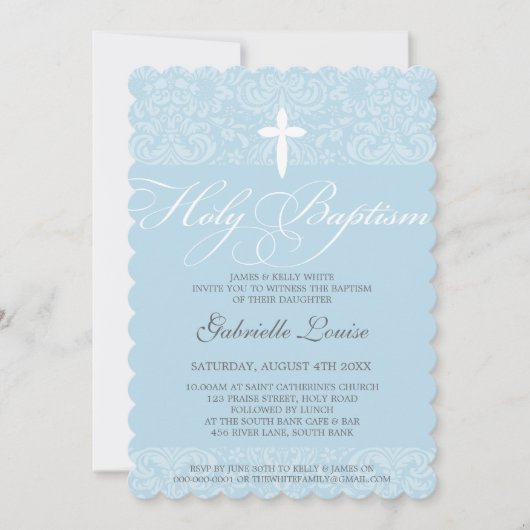 Invitation ÉLÉGANT HOLY BAPTISM élégant damask script bleu (Devant)