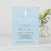 Invitation ÉLÉGANT HOLY BAPTISM élégant damask script bleu (Debout devant)