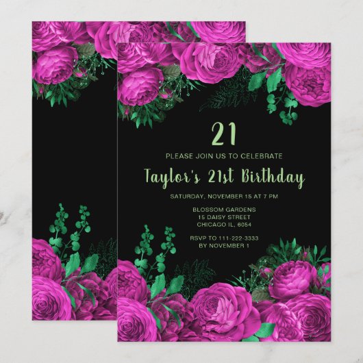 Invitation Elegant Hot Pink Flowers Birthday Party (Devant / Derrière)
