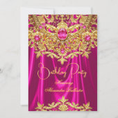 Invitation Elegant Hot Pink gems Gold Lace Damask Birthday (Devant)