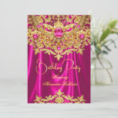 Invitation Elegant Hot Pink gems Gold Lace Damask Birthday (Debout devant)