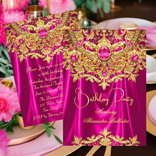 Invitation Elegant Hot Pink gems Gold Lace Damask Birthday