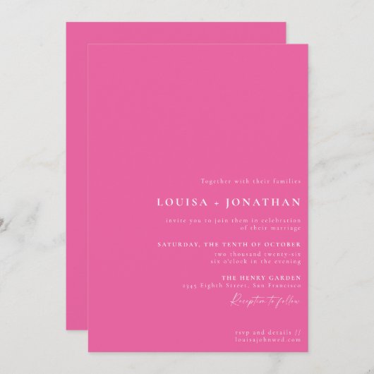 Invitation Élégant Hot Pink tendance Script Minimal Mariage (Devant / Derrière)