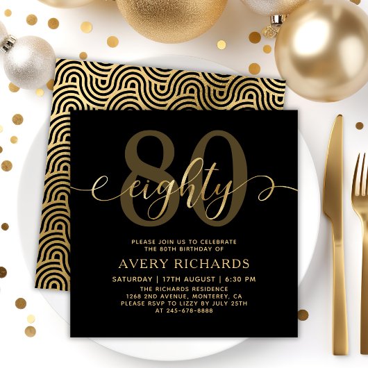Invitation Elégant huit Gold Script noir 80e anniversaire