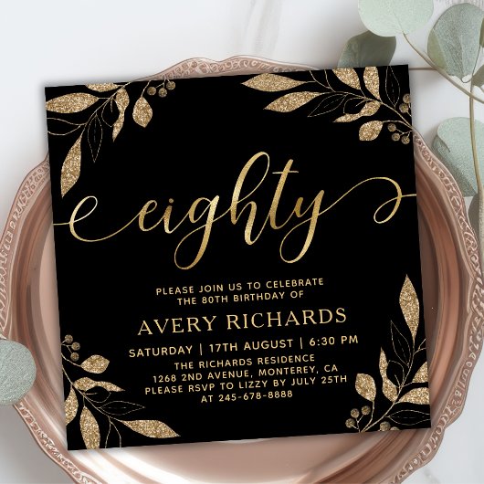 Invitation Elégant huit Gold Script noir 80e anniversaire
