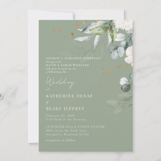 Invitation Élégant Hydrangea Blanche Mariage Sage Deux Parent (Devant)