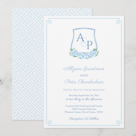 Invitation Élégant Hydrangea Bleu Blason Mariage Monogramme (Devant / Derrière)