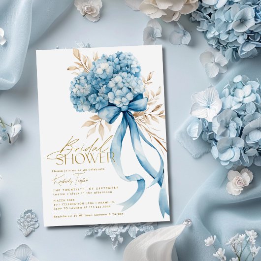 Invitation Élégant Hydrangea Bleu Ruban Lancement de Mariée