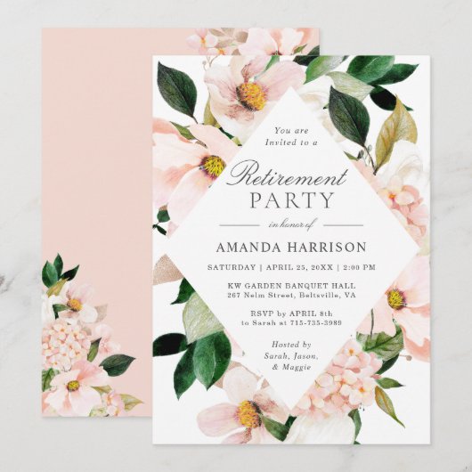 Invitation Elegant Hydrangea Blush Floral Retirement Party (Devant / Derrière)